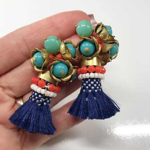 J Crew Faux Turquoise Coral Earrings Tassel Fringe Boho Beaded Dangle Pierced - Picture 1 of 9